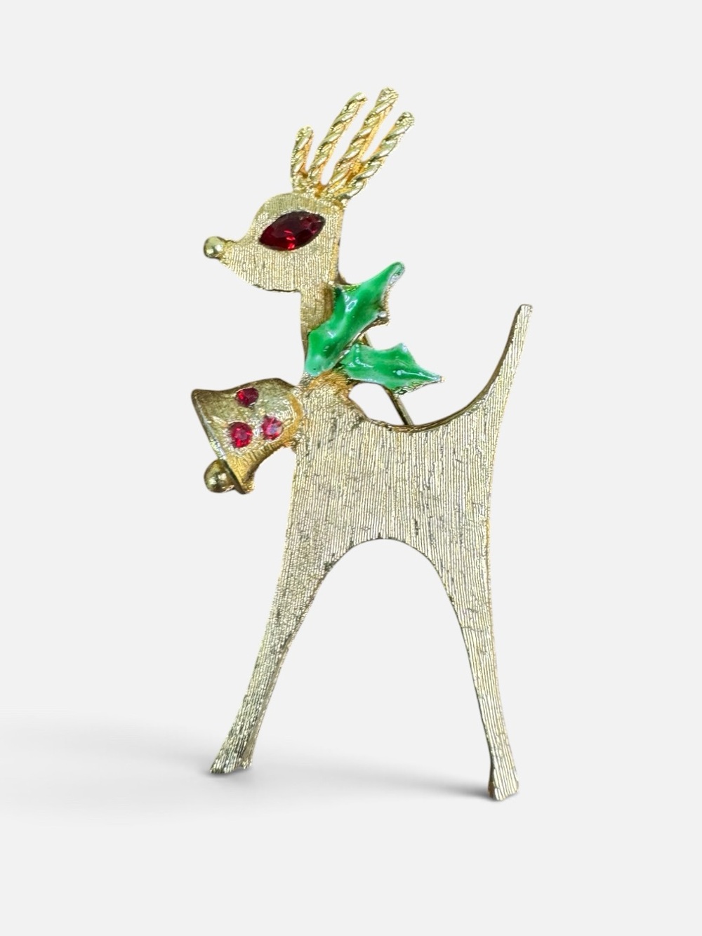 Vintage Gold Reindeer Brooch Pin Green Holly Bell Red Stone Signed Mylu Retro